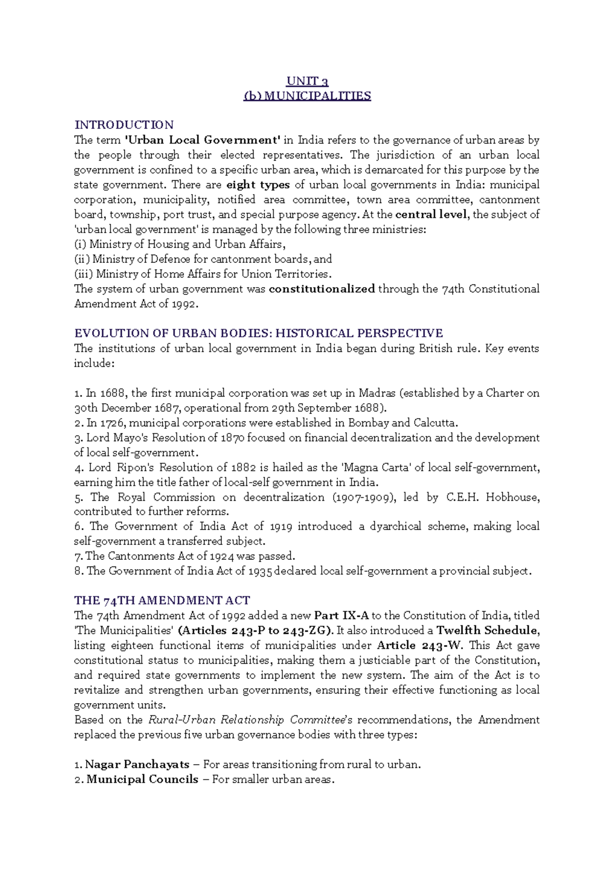 UNIT 3(b) - Overview of Urban Local Governance in India - Studocu