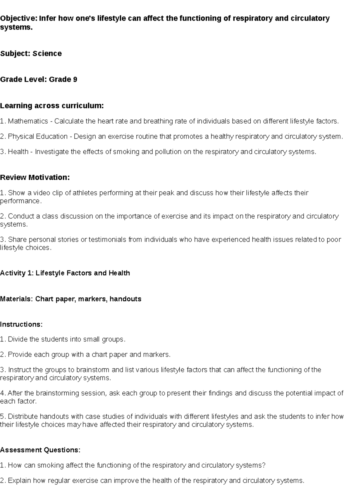 Grade 9 Science Lesson Plan: Lifestyle Impact on Respiration ...