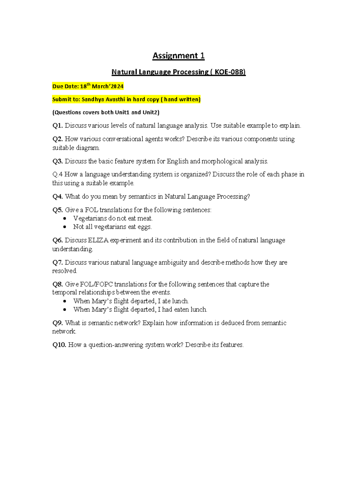 Natural Language Processing Assignment 1-1 (KOE-088) Overview - Studocu