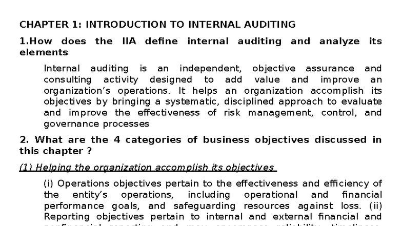 KIỂM 3 THI: CHAPTER 1 - INTRODUCTION TO INTERNAL AUDITING - Studocu