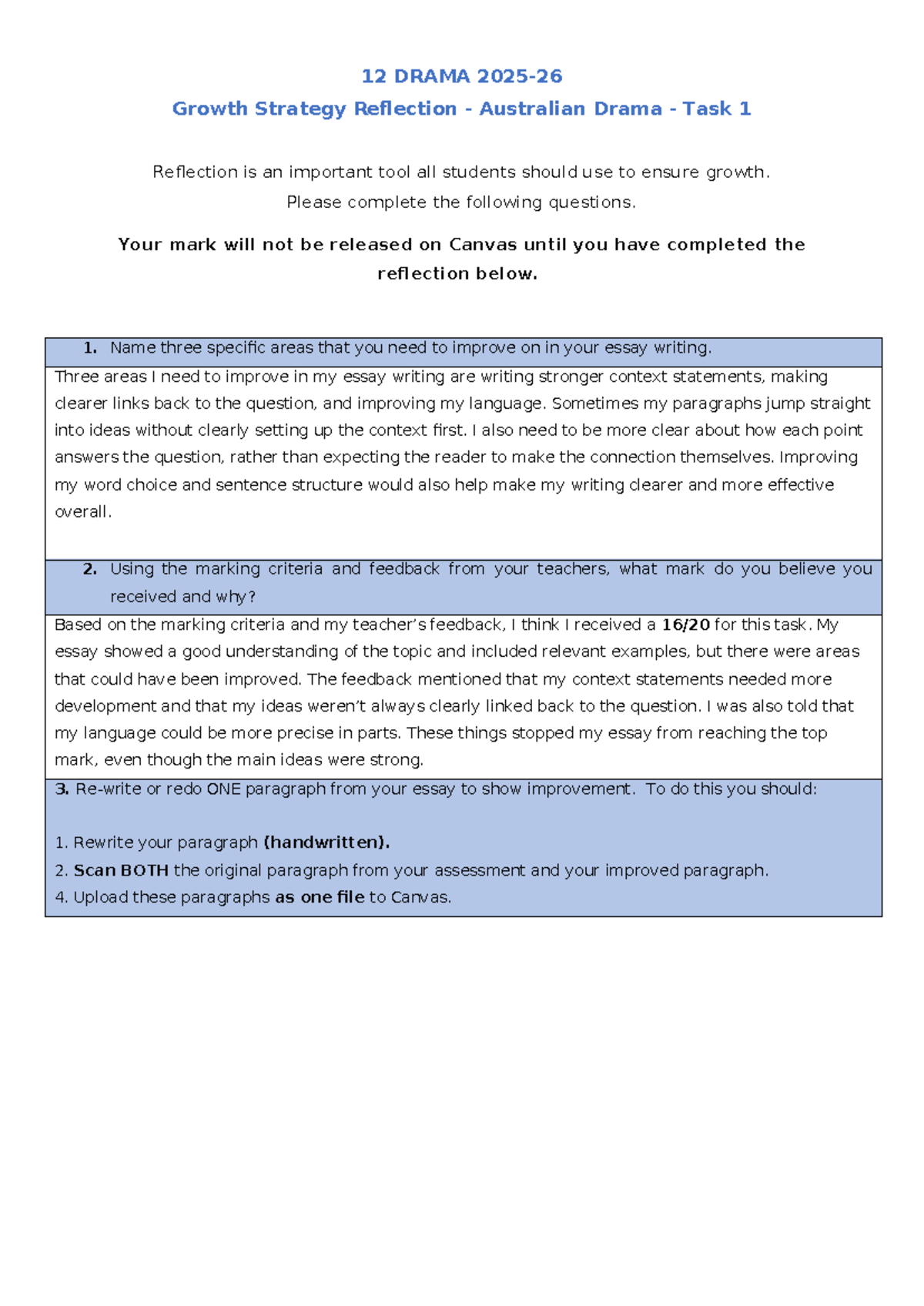 12 DRAMA Task 1 - Growth Strategy Reflection on Essay Writing - Studocu