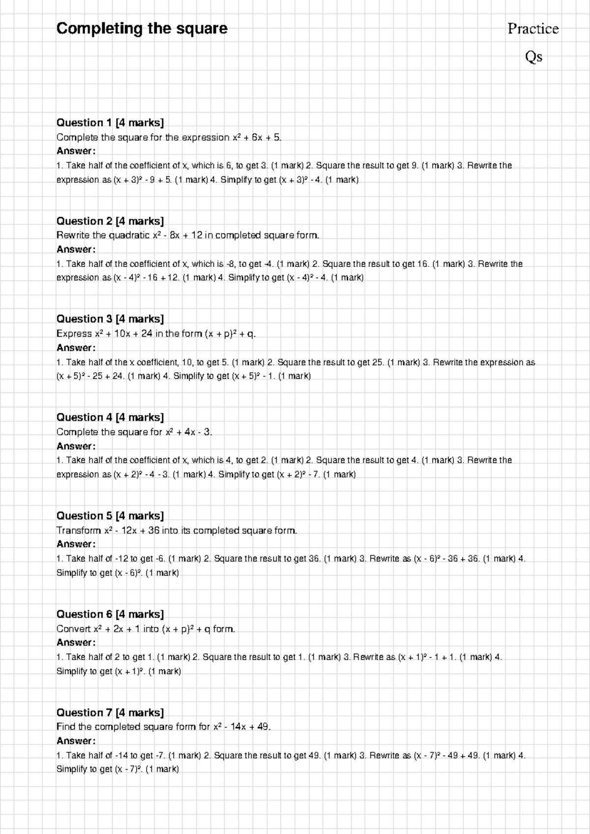 MATH 101: Completing the Square Practice Questions & Solutions - Studocu
