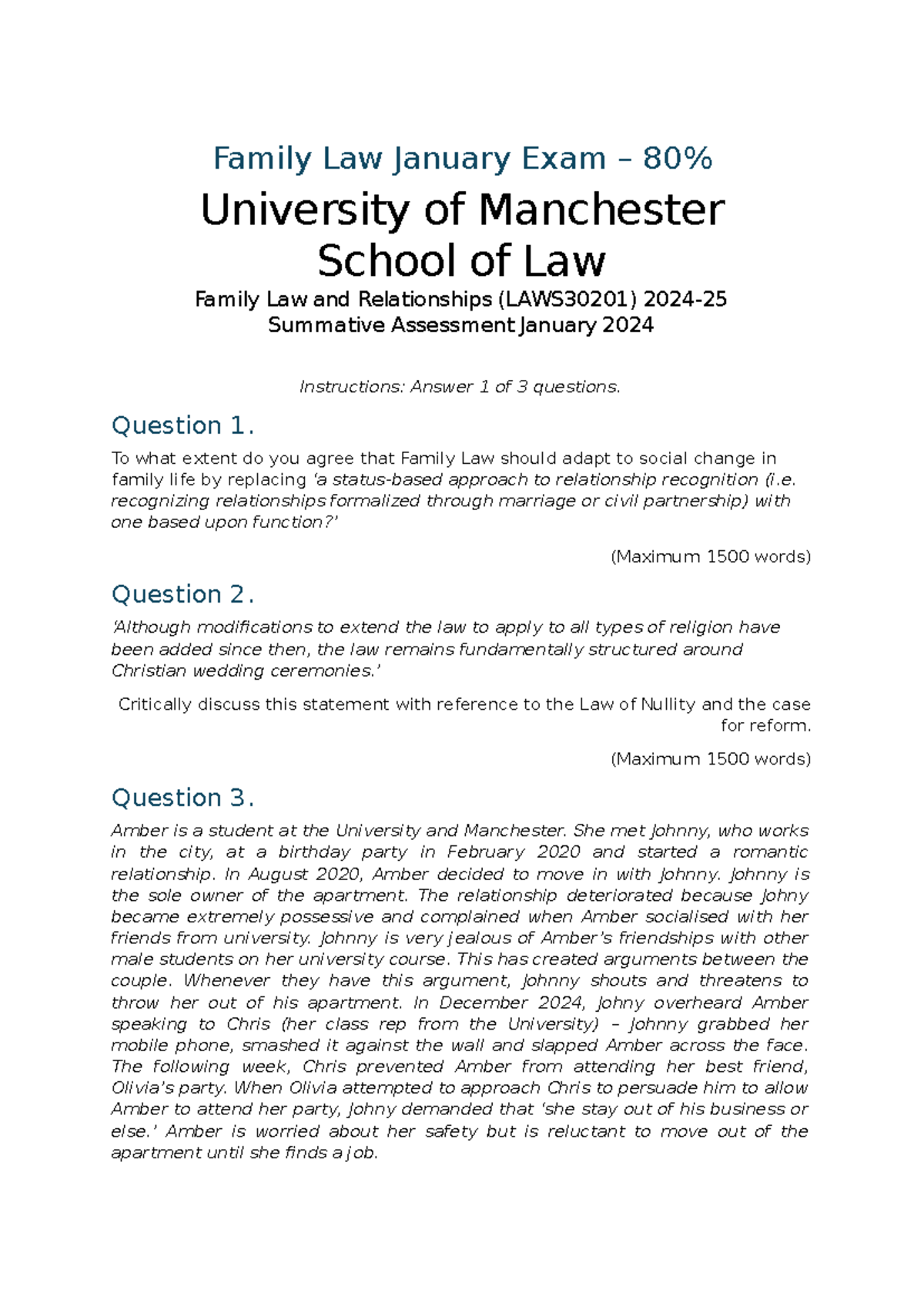 LAWS30201 Family Law January Exam Draft 2024: Key Questions & Analysis ...