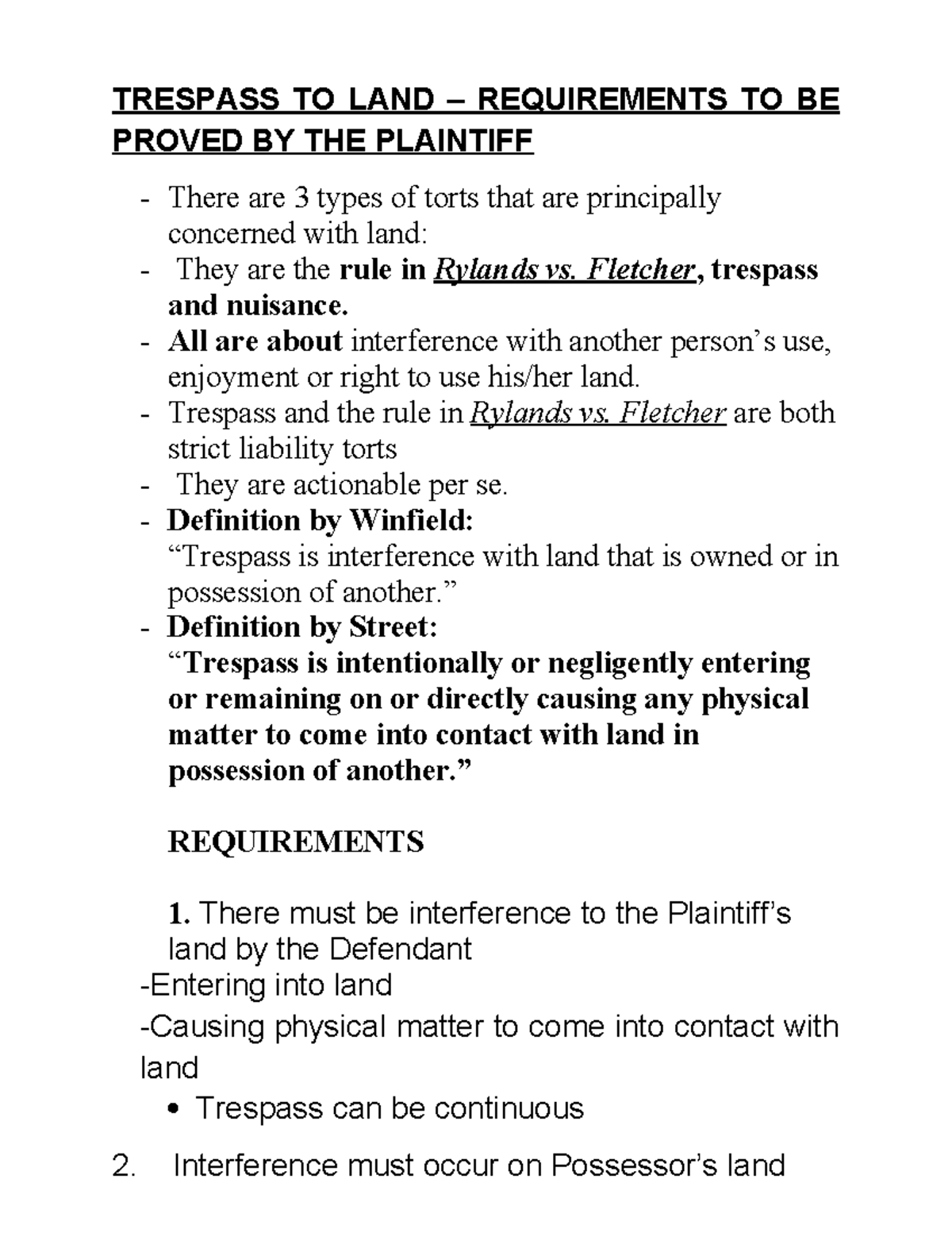 Trespass to land: Requirements and case law analysis - Studocu