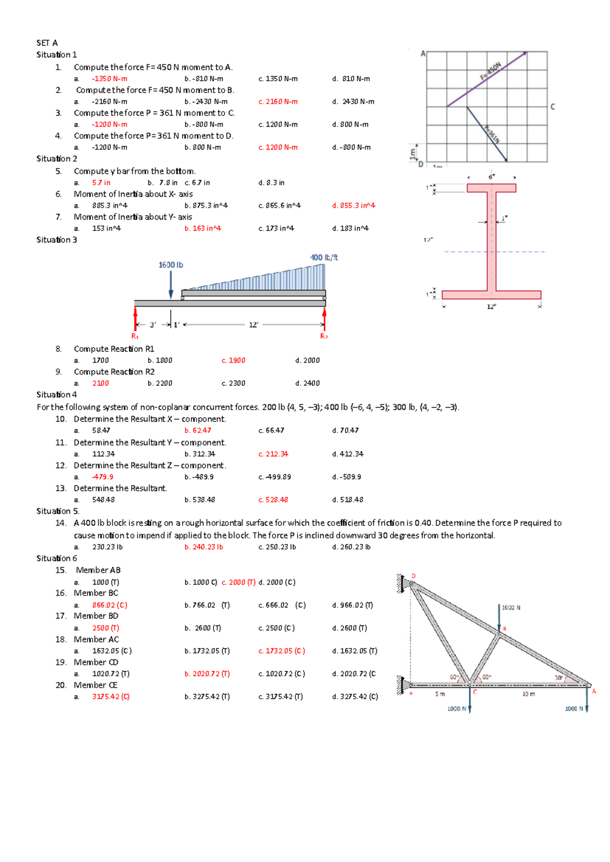SET A Answerkey QUIZ 1 - Quiz Statics - SET A Situation 1 1. Compute ...