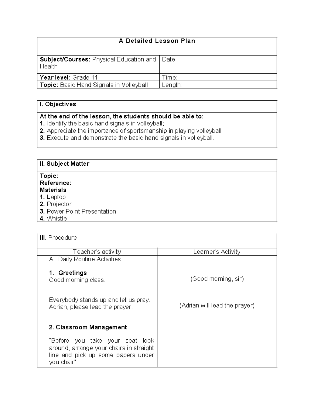 A Detailed Lesson Plan maam cheeze - A Detailed Lesson Plan Subject ...