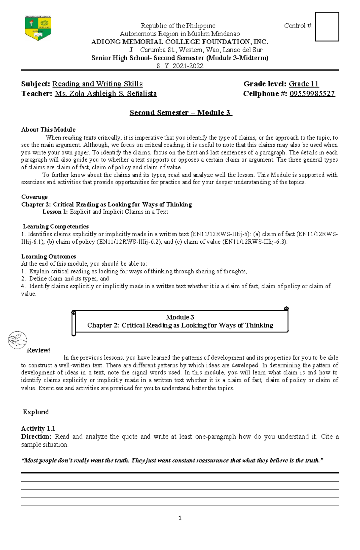 Reading & Writing Skills Module 3 (MID): Critical Claims in Texts - Studocu