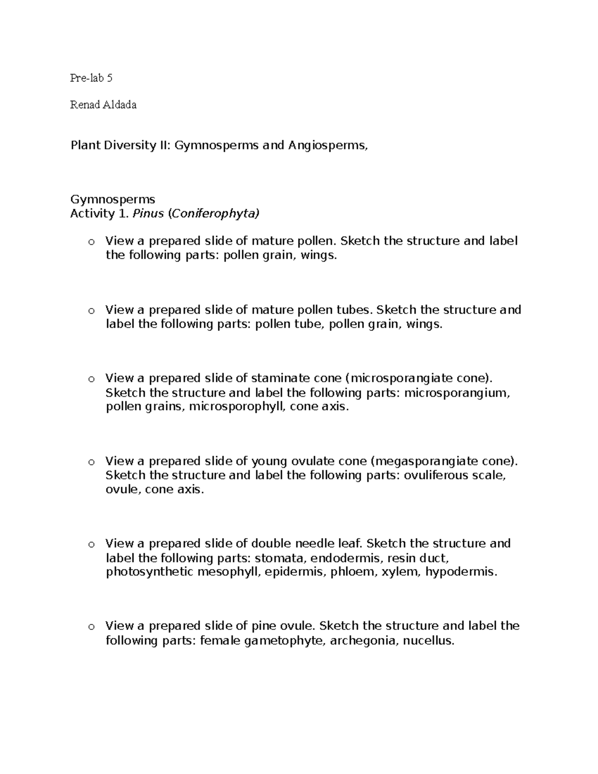 Pre-Lab 5: Plant Diversity II - Gymnosperms & Angiosperms - Studocu