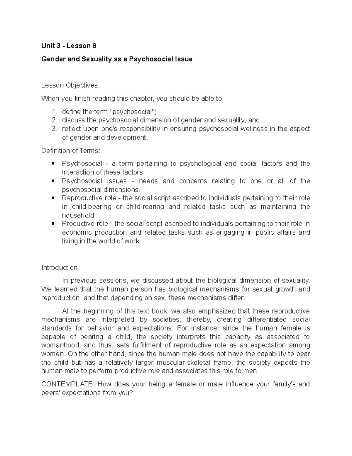 Unit 3 - Lesson 8: Psychosocial Issues of Gender & Sexuality and Well ...