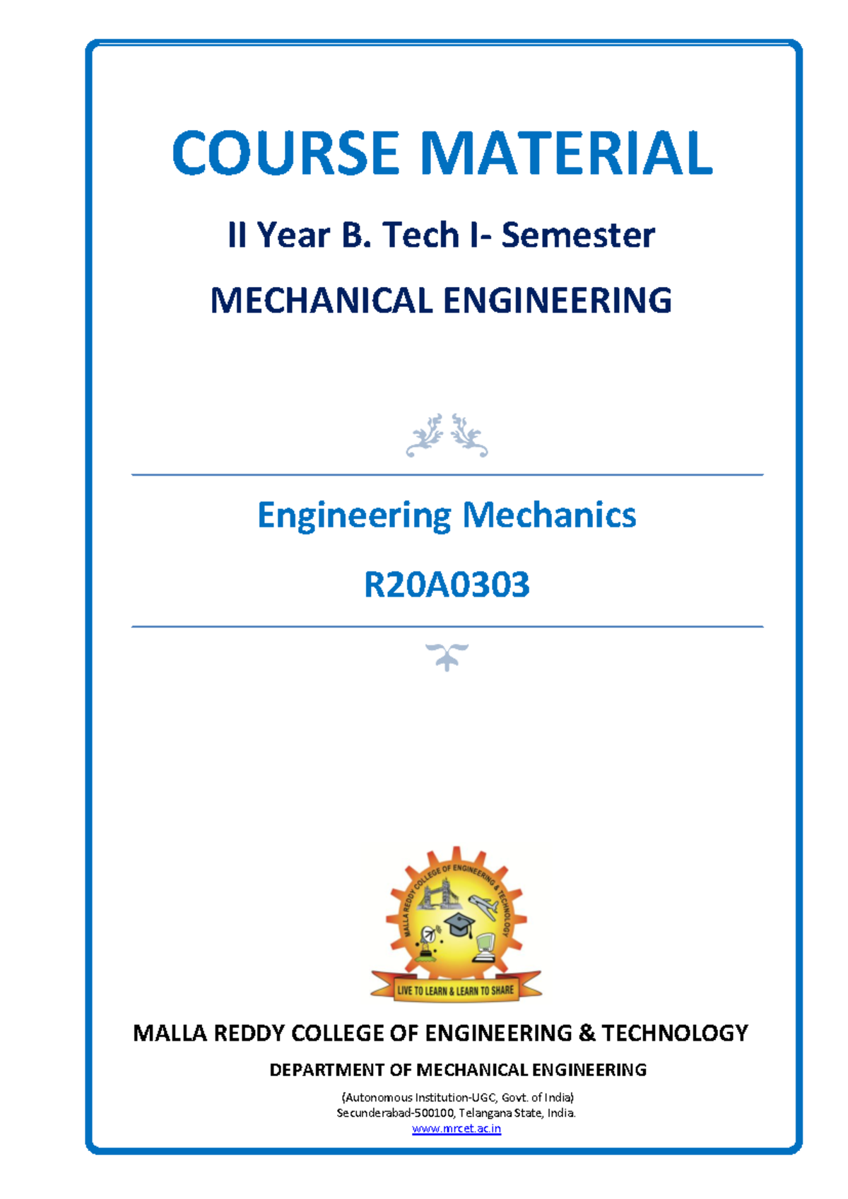 Engineering Mechanics - MALLA REDDY COLLEGE OF ENGINEERING & TECHNOLOGY ...