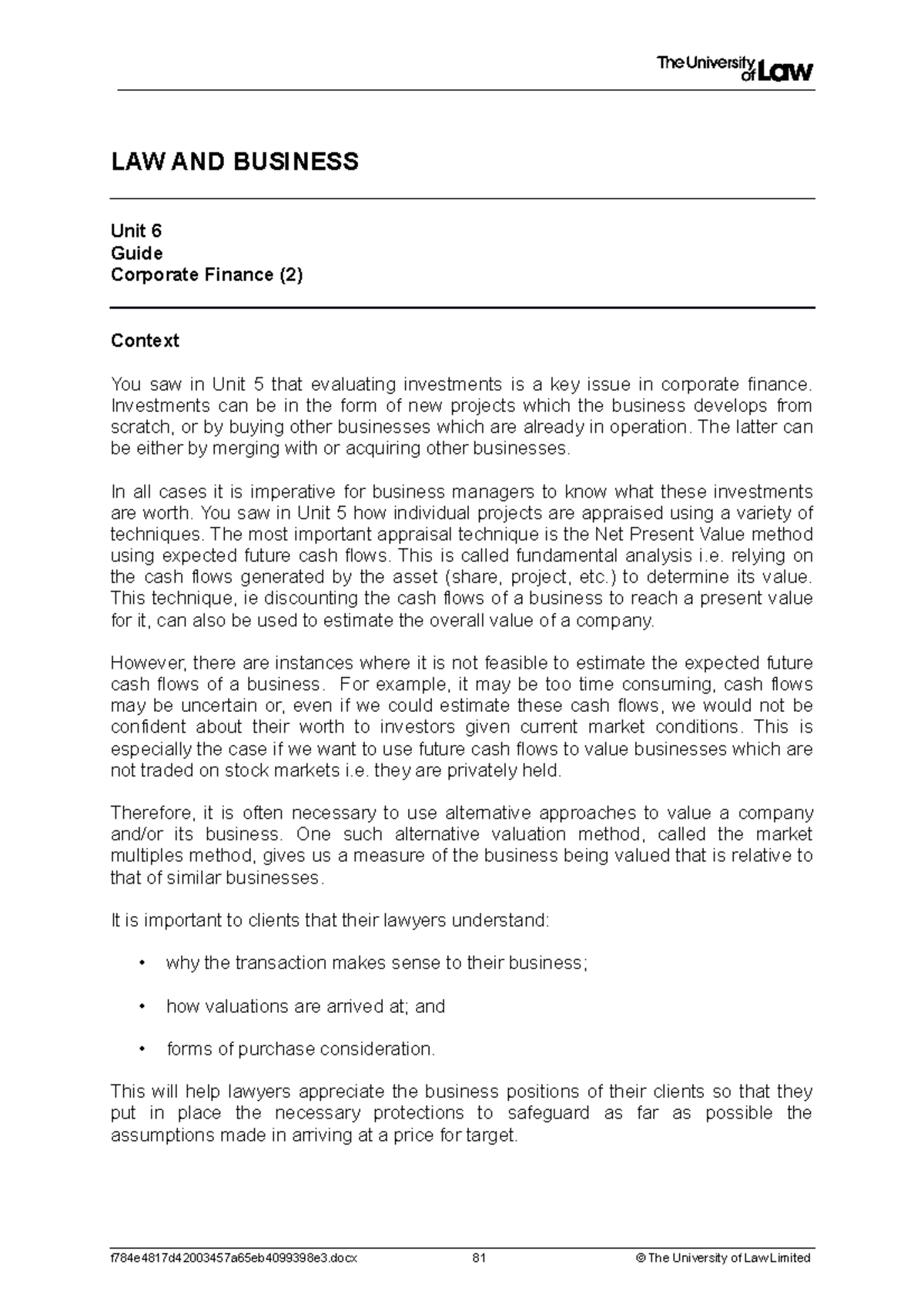 2122 lbus ws06 ce01 guide - LAW AND BUSINESS Unit 6 Guide Corporate ...
