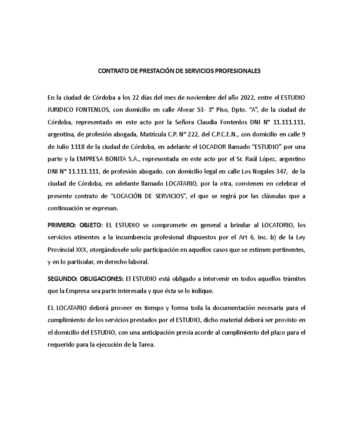 Contrato de Prestación de Servicios Profesionales Obligatorio - Studocu
