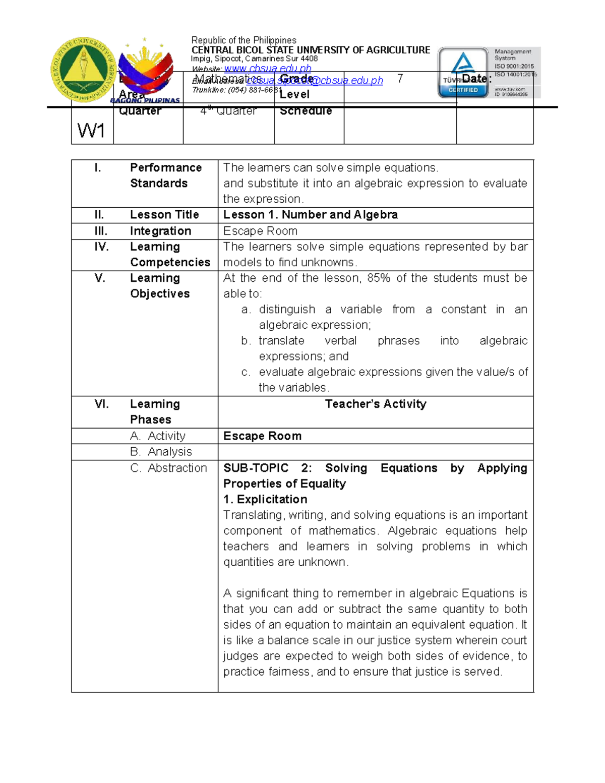 Mathematics Grade 7 Lesson Guide: Solving Equations & Expressions - Studocu