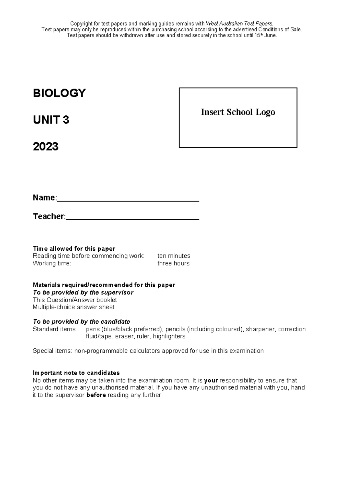 2023 Biology Unit 3 Final Exam Paper and Marking Guide - Studocu