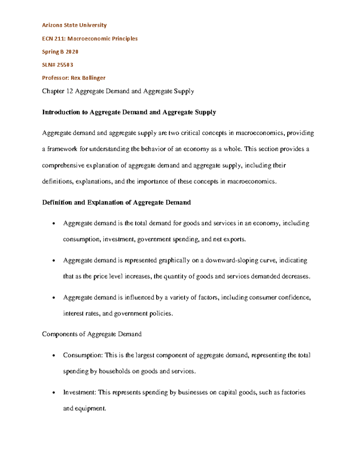 ECN 211 Final Lecture Notes on Aggregate Demand and Supply Concepts ...
