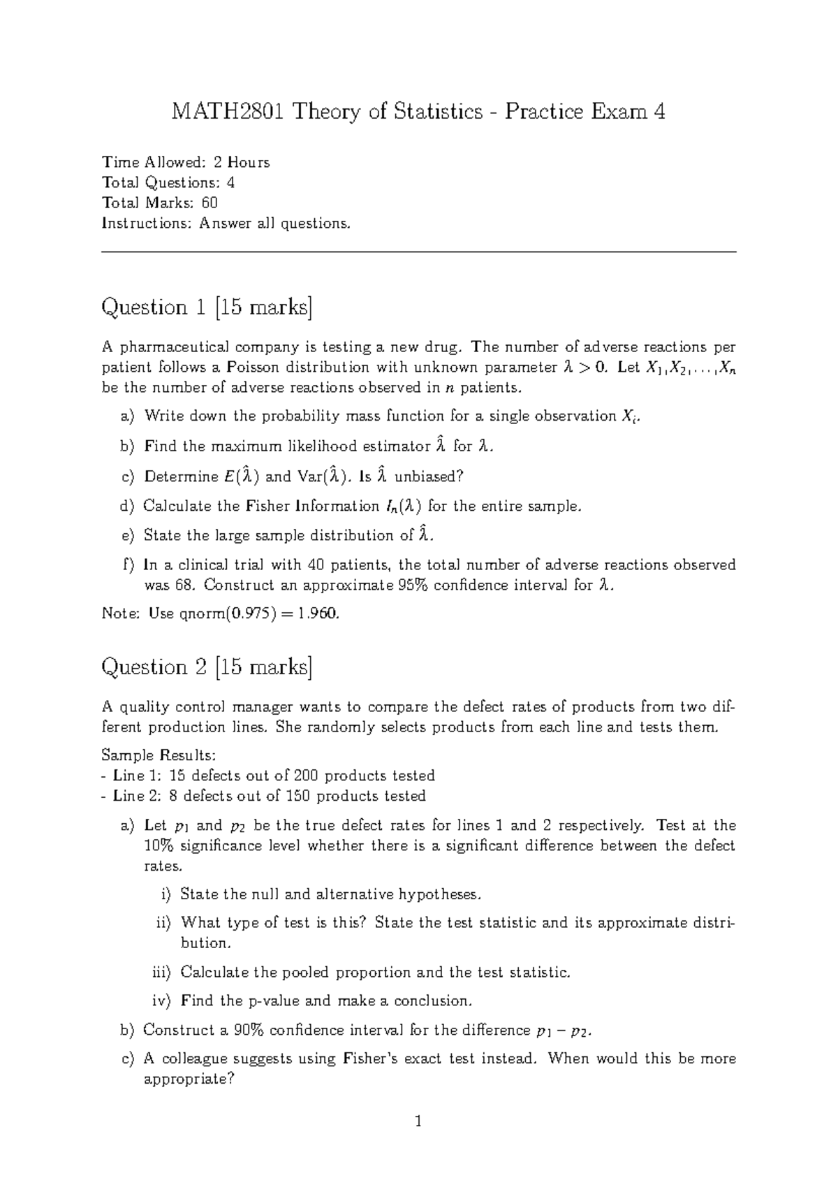 MATH2801 Theory of Statistics Non-official Practice Exam 4 - Studocu