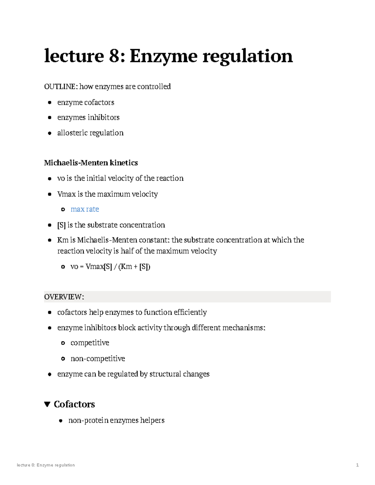 Lecture 8: Enzyme Regulation - Detailed Overview and Key Concepts - Studocu