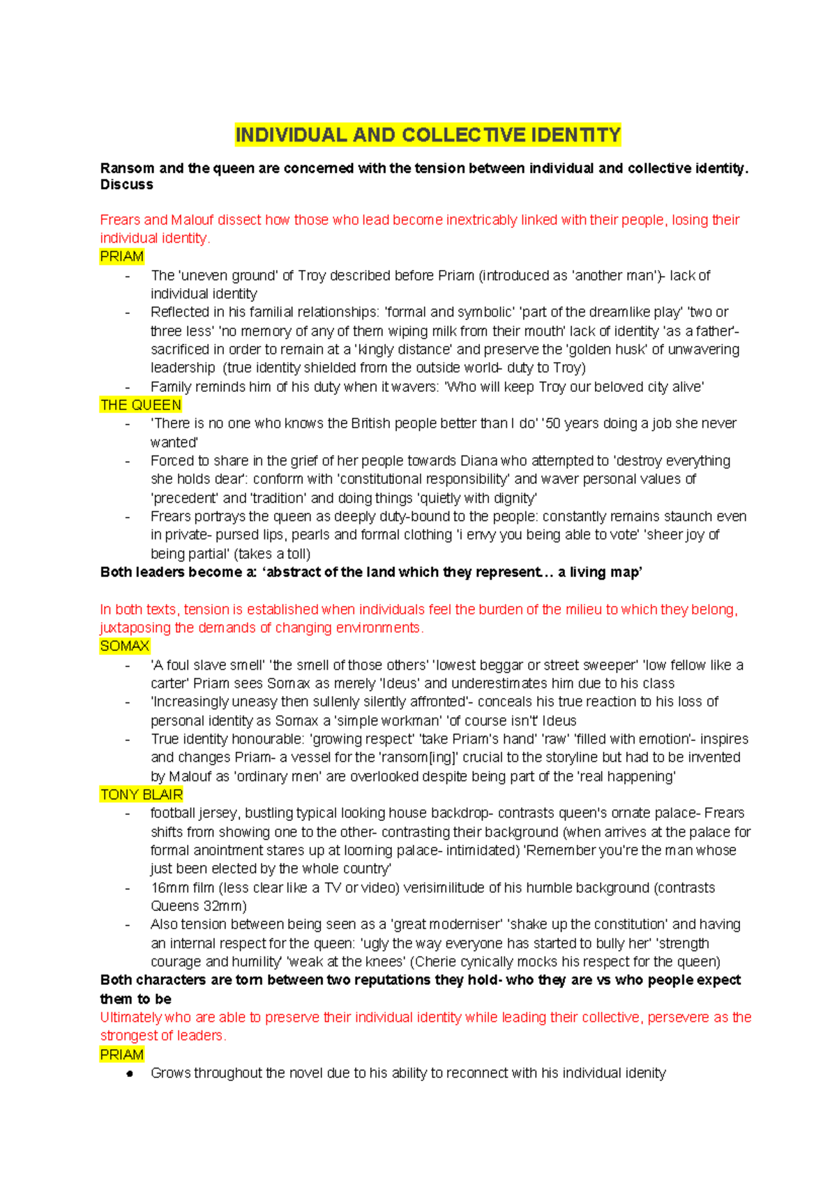 Ransom and the Queen Essay Plan: Individual vs Collective Identity ...