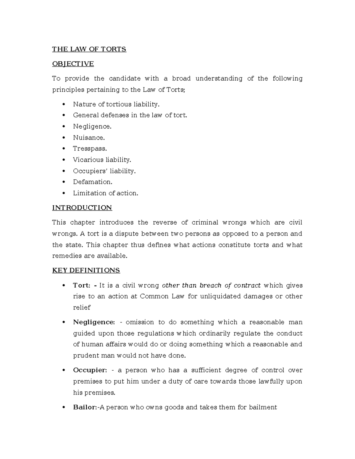 The-law-of-torts - Study notes for exams - THE LAW OF TORTS OBJECTIVE ...