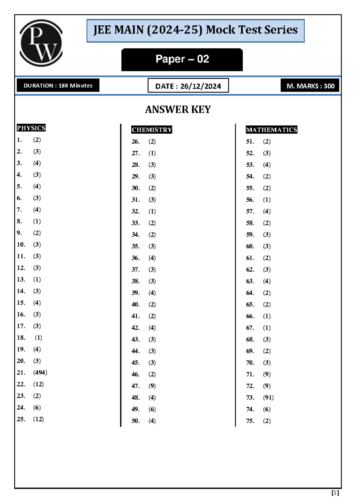 JEE MAIN Mock Test Series Paper -02 Solution - ANSWER KEY PHYSICS (2 ...