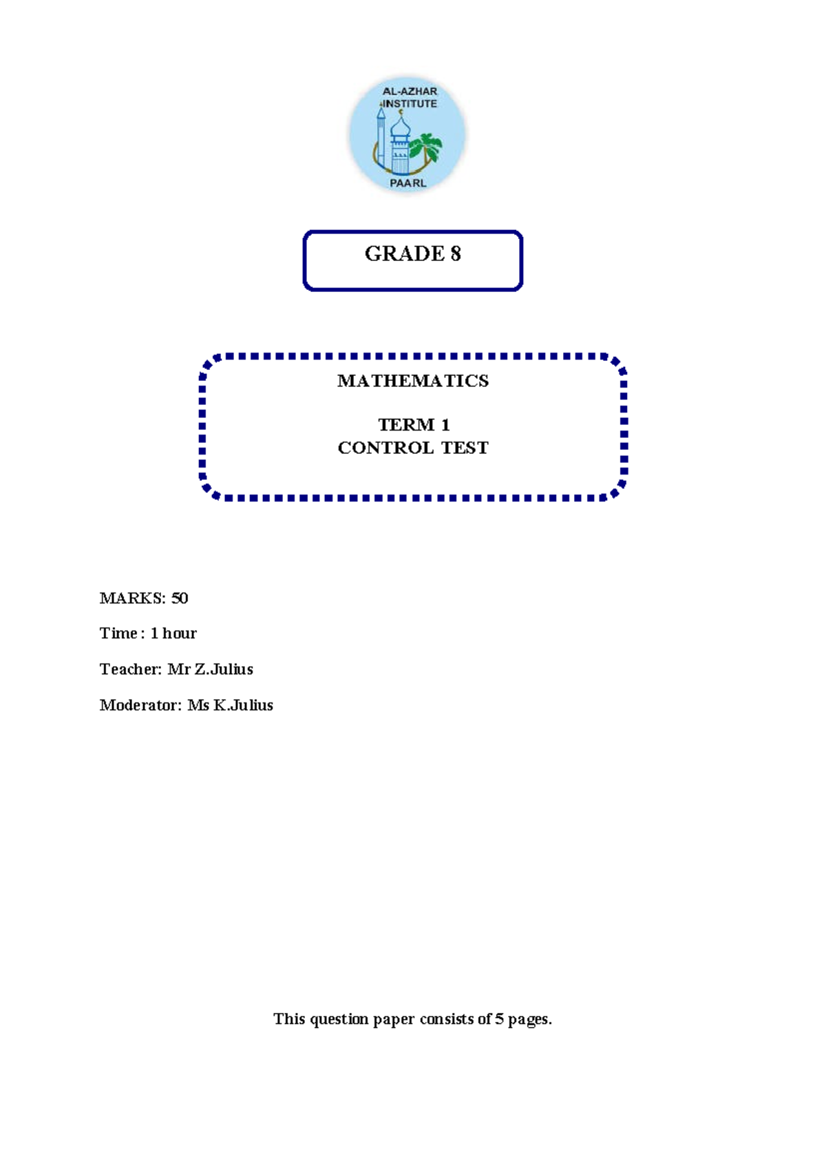 Gr 8 Maths Term 1 Control Test - Total Marks: 50 - Studocu