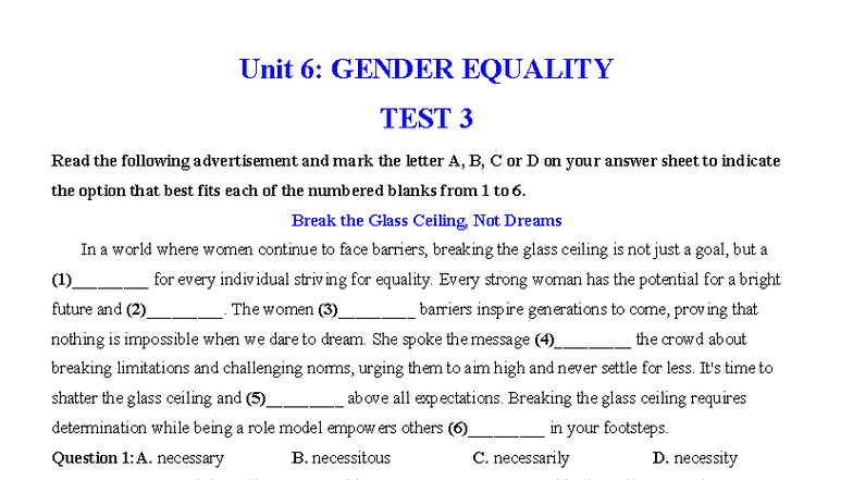 Unit 6: GENDER EQUALITY TEST 3 with Detailed Solutions - Studocu