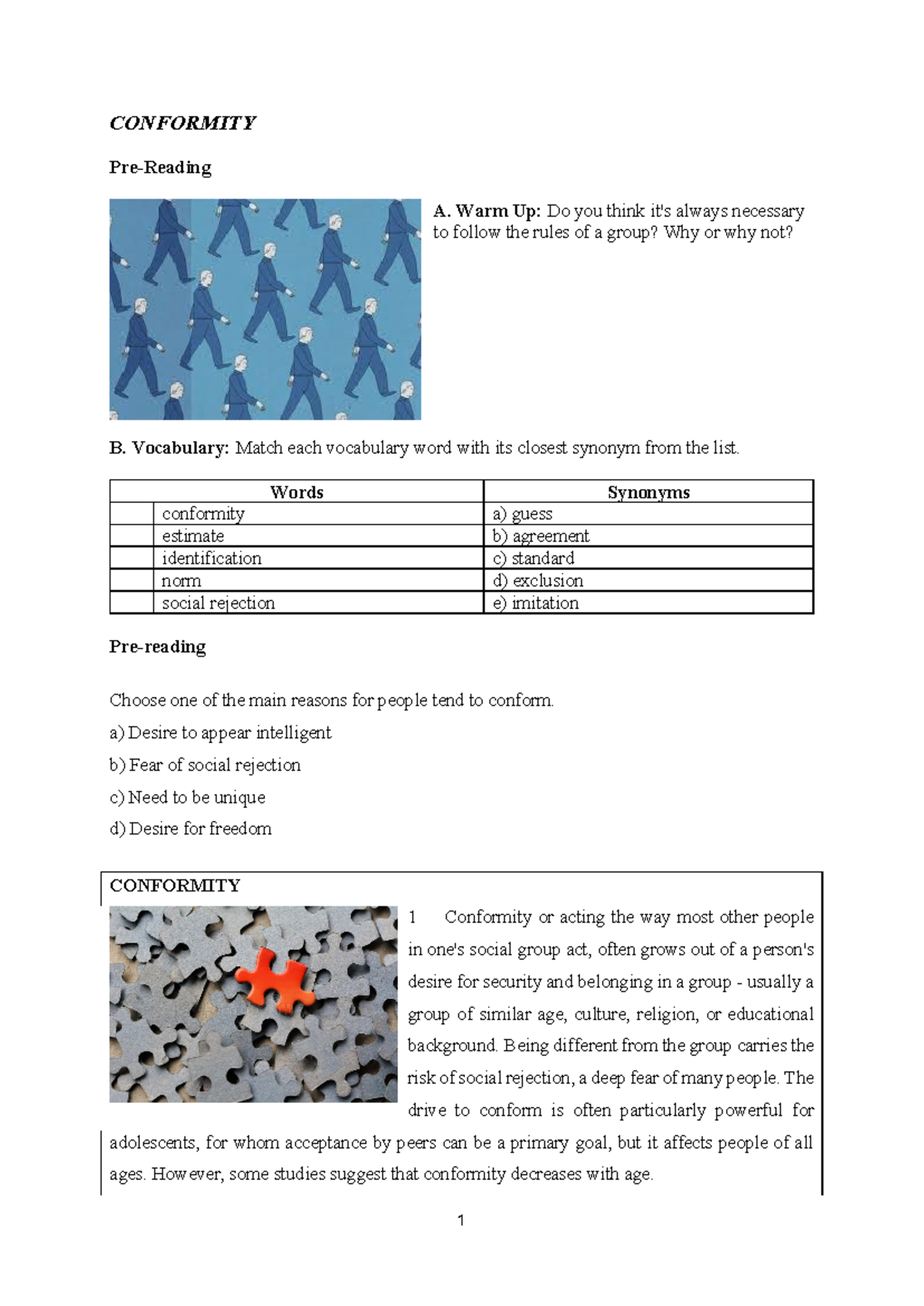 6.B-Conformity Students' Version - CONFORMITY Pre-Reading A. Warm Up ...