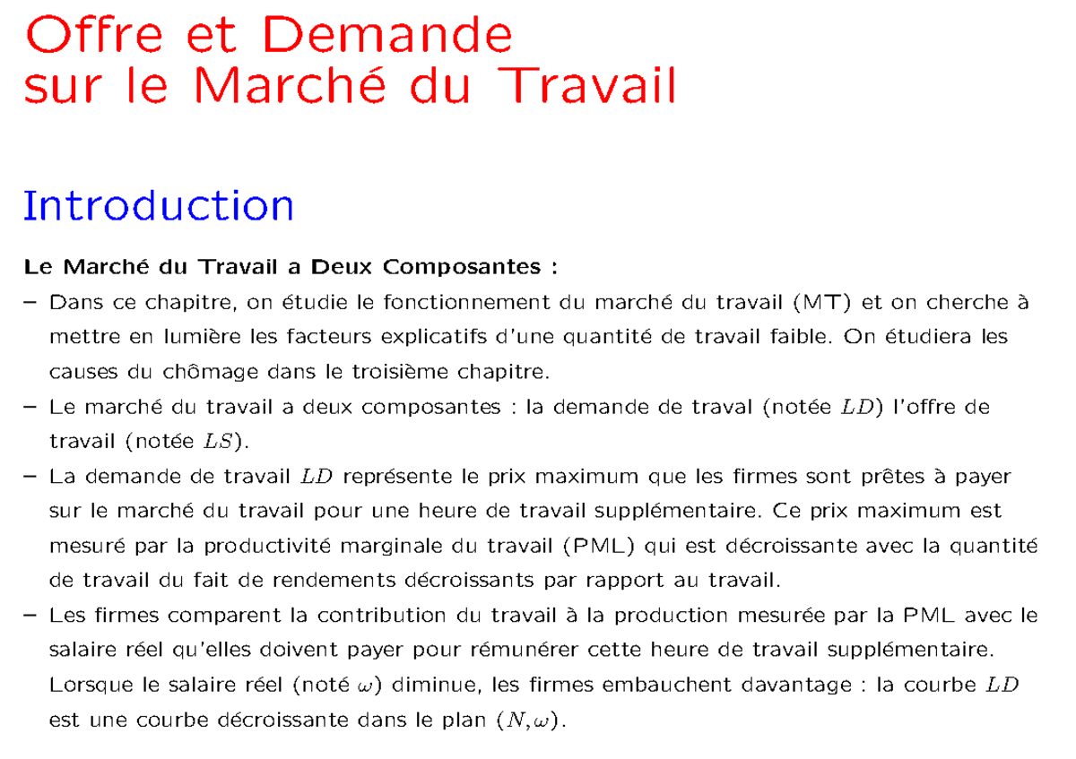 Macroéconomie 2 Chapitre 1 - OÆre et Demande sur le March ́e du Travail ...