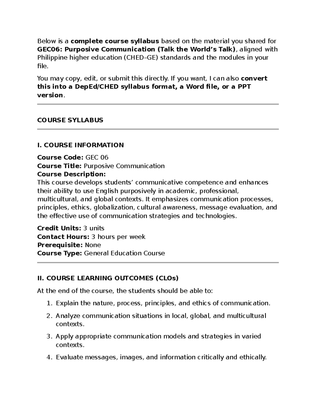 GEC06: Purposive Communication Course Syllabus and Overview - Studocu