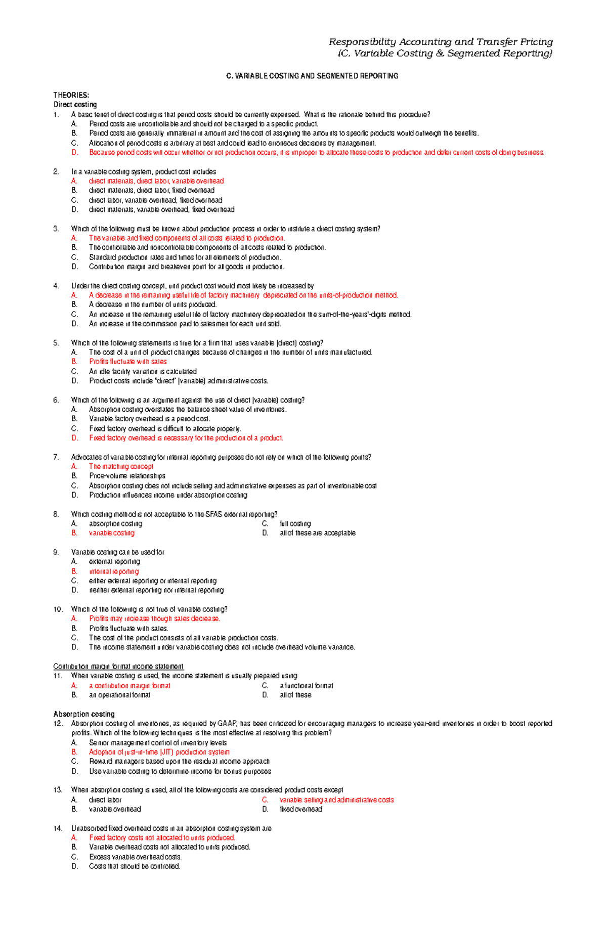 Variable Costing & Segmented Reporting Concepts (C) Exam Review - Studocu