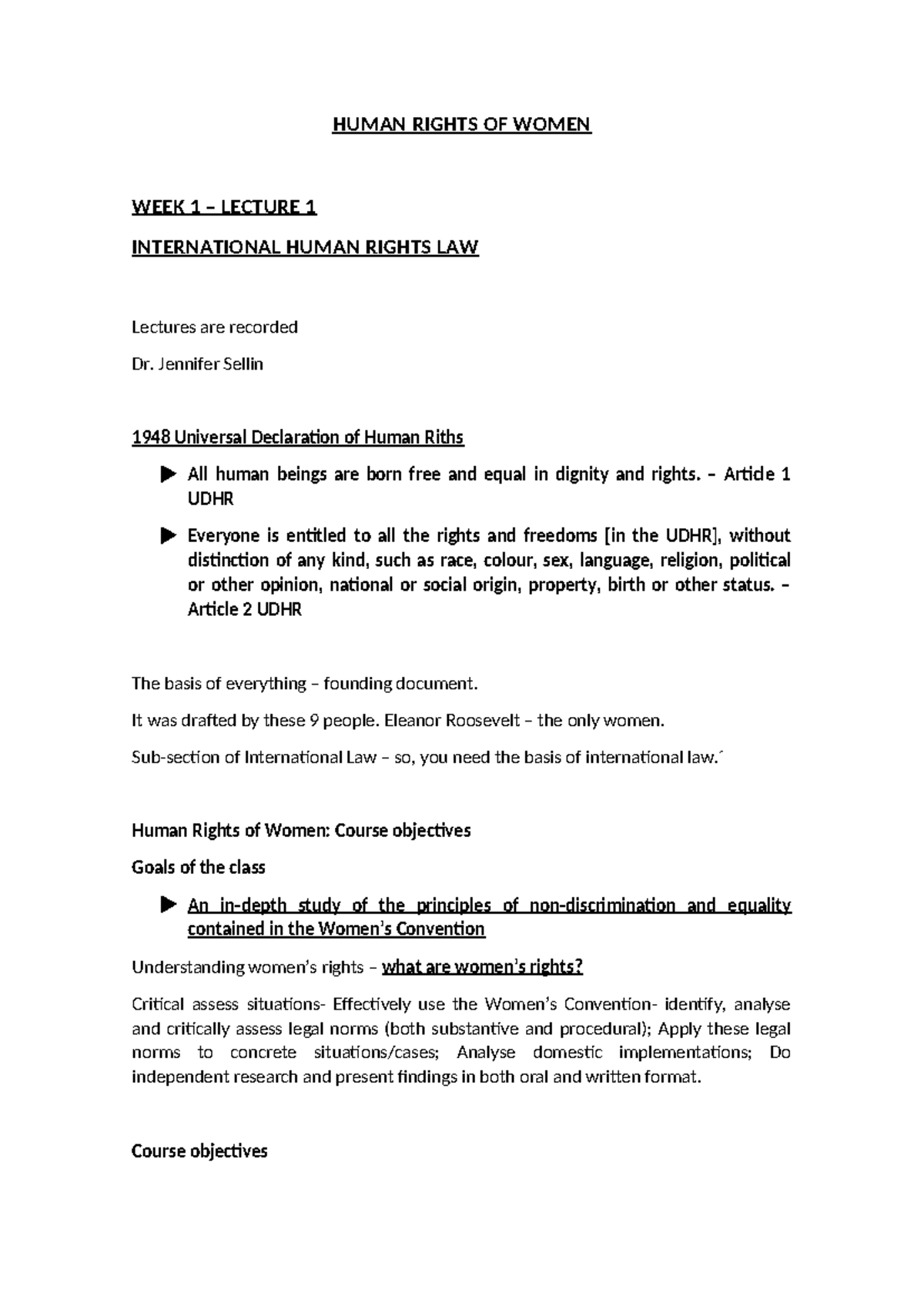 **Title: Lecture Notes - Human Rights of Women (HRW 101)** - Studeersnel