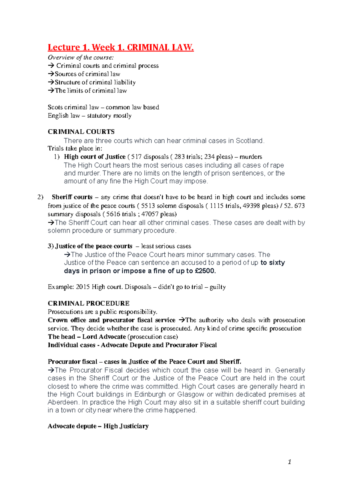 1-3 - Lecture notes 1-3 - Lecture 1. Week 1. CRIMINAL LAW. Overview of ...