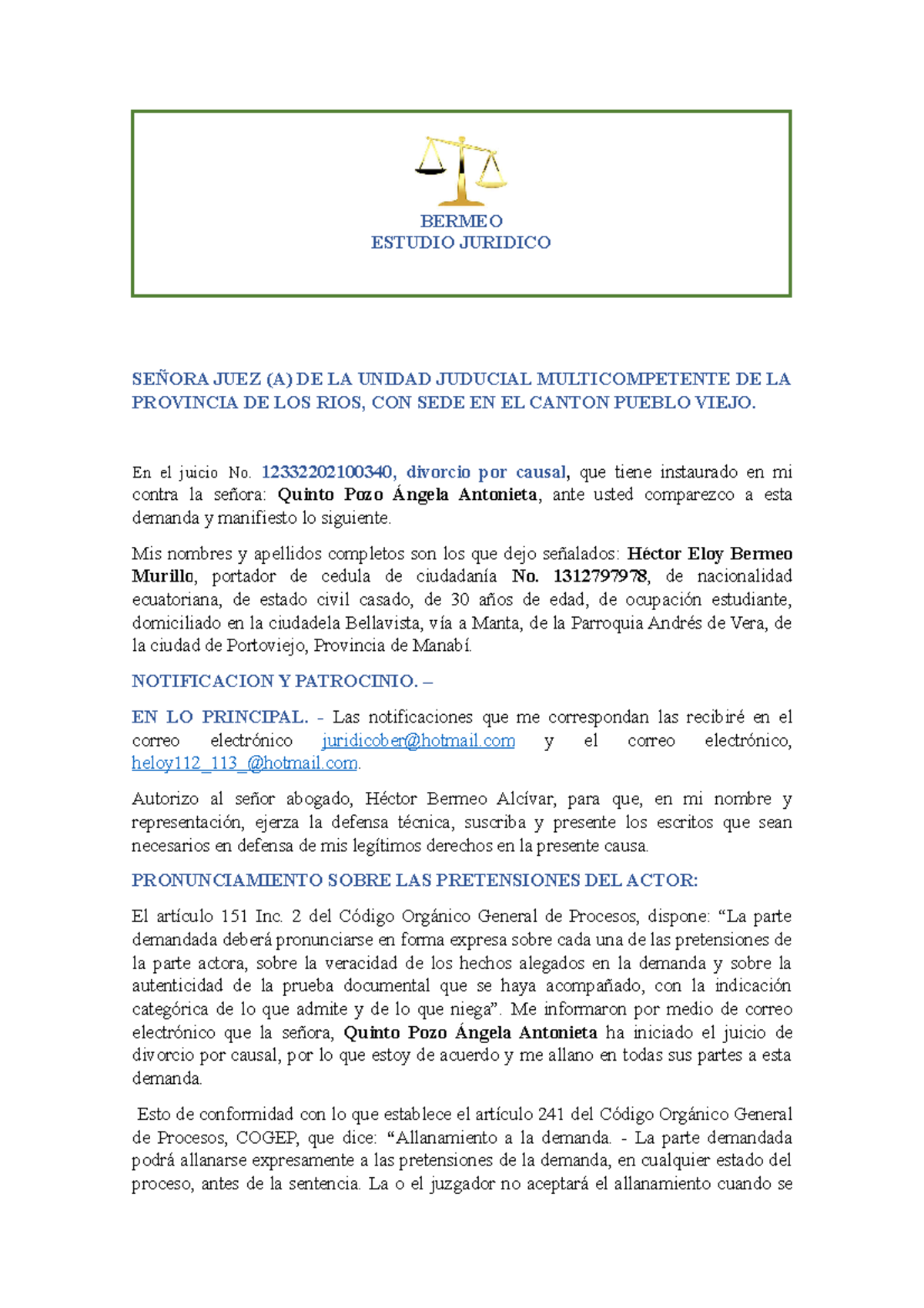 Allanamiento a la Demanda en Juicio de Divorcio No. 12332202100340 - Document Preview