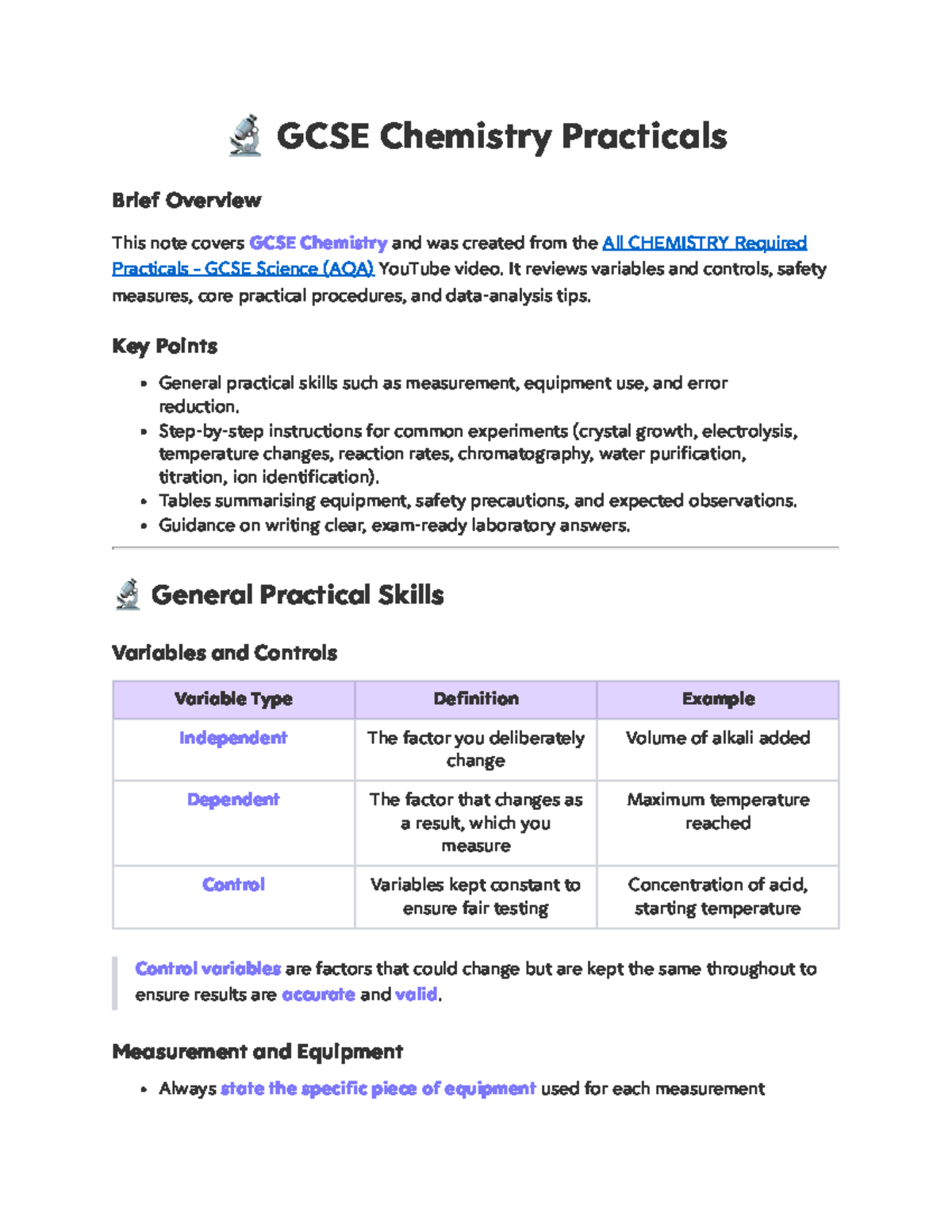 GCSE Chemistry Practicals Overview - AQA Required Experiments - Studocu