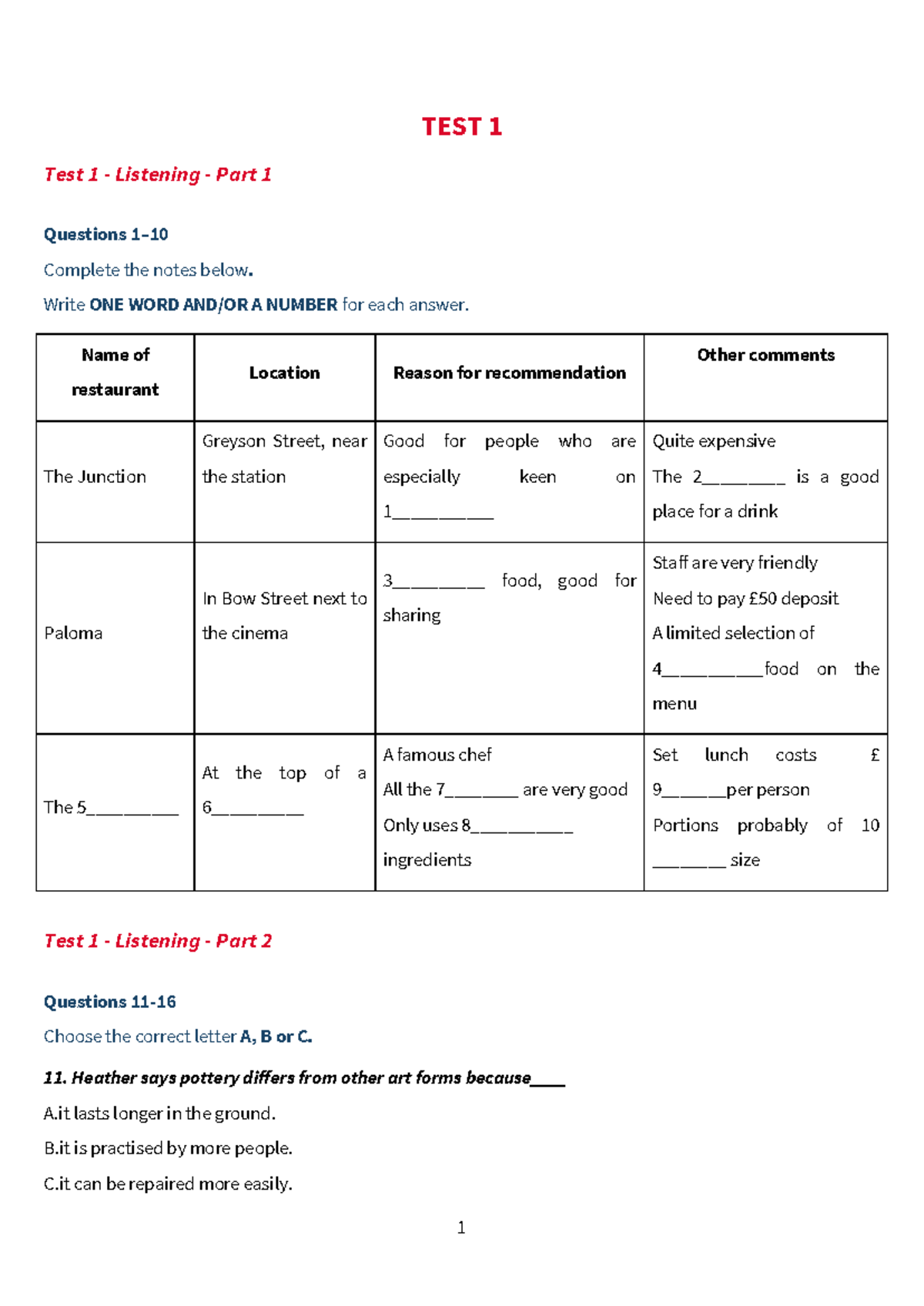 Cam 20 - Test 1 - IELTS Listening Practice Questions - Studocu