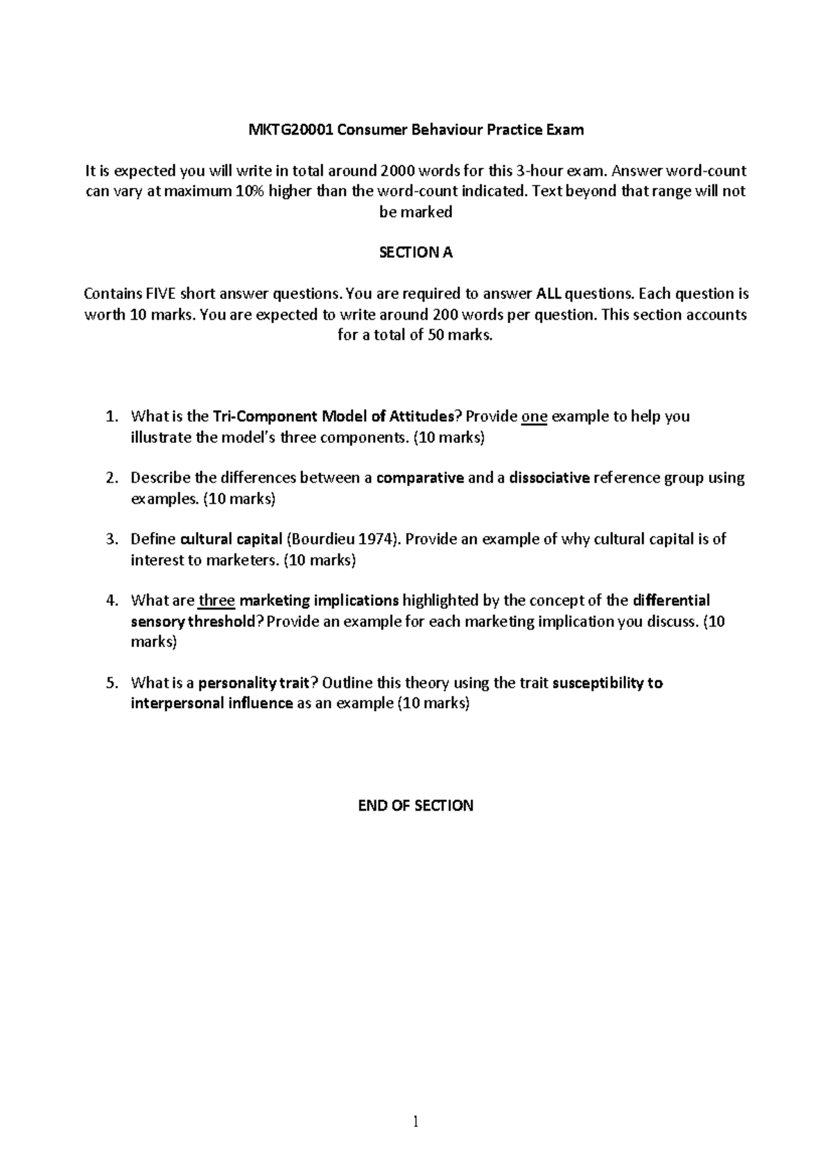 2022 S1 MKTG2000 1 Practice Exam - 1 MKTG20001 Consumer Behaviour ...