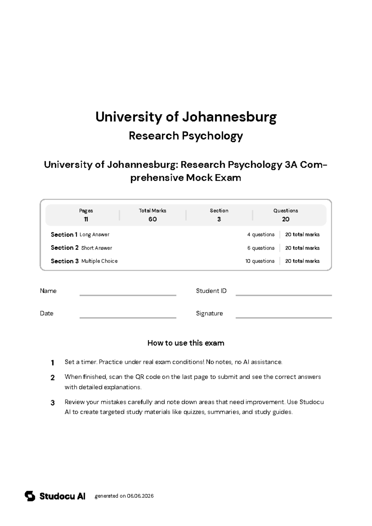 UJ Research Psychology 3A Comprehensive Mock Exam - Studocu