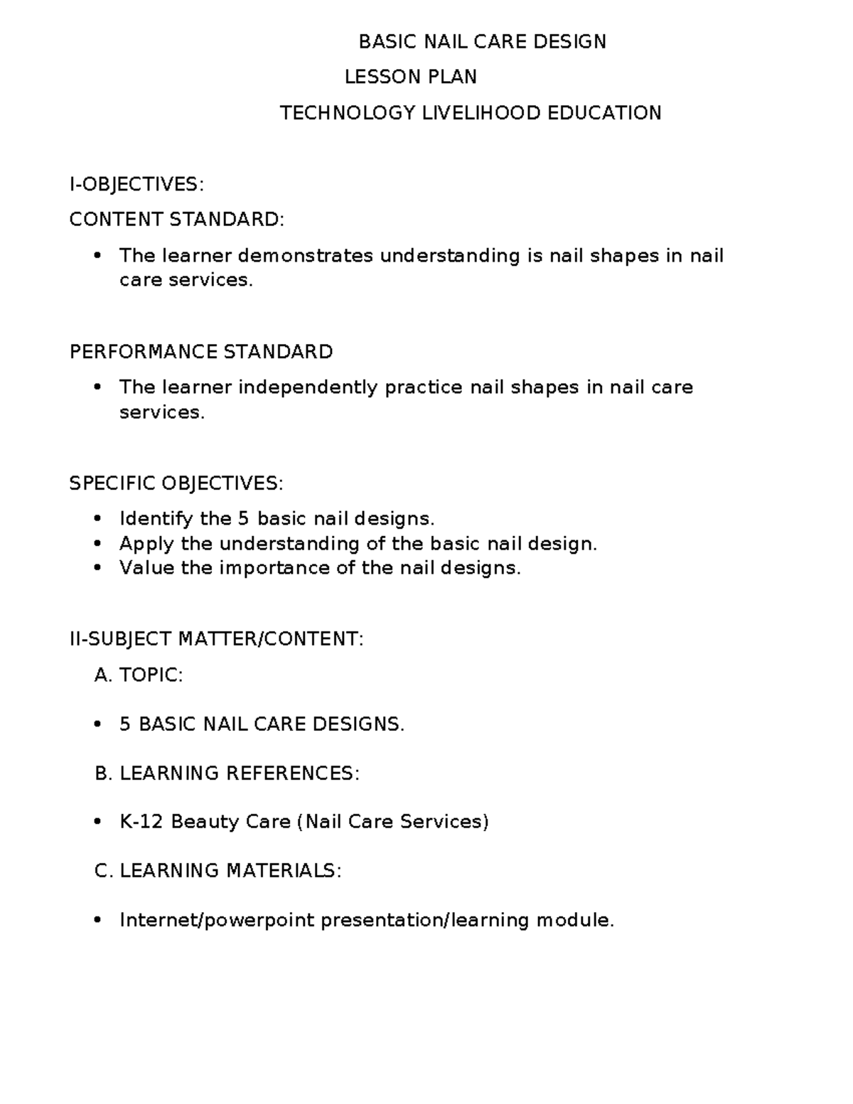 Basic Nail Care Design Lesson Plan for TLE Classes - Studocu
