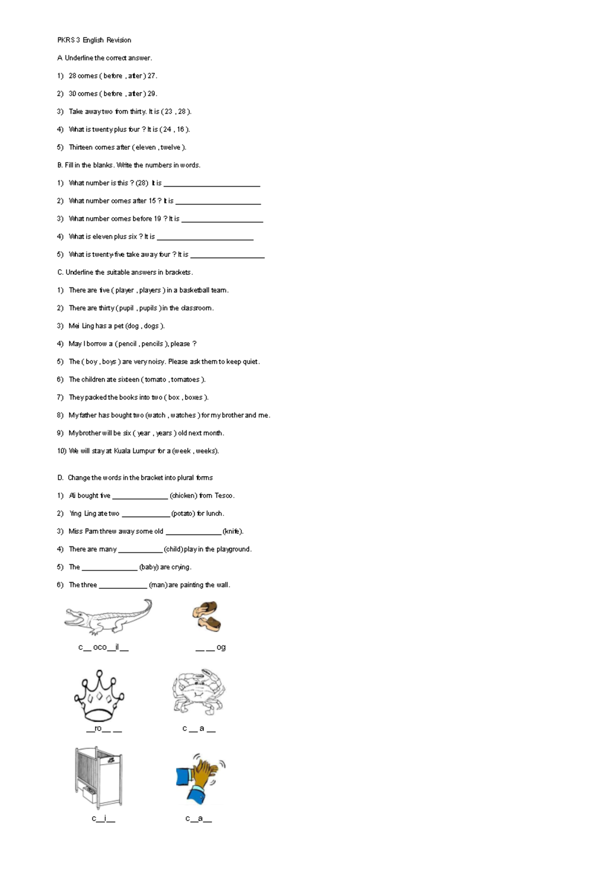 PKRS 1 English Revision: Exercises on Numbers and Plurals - Studocu