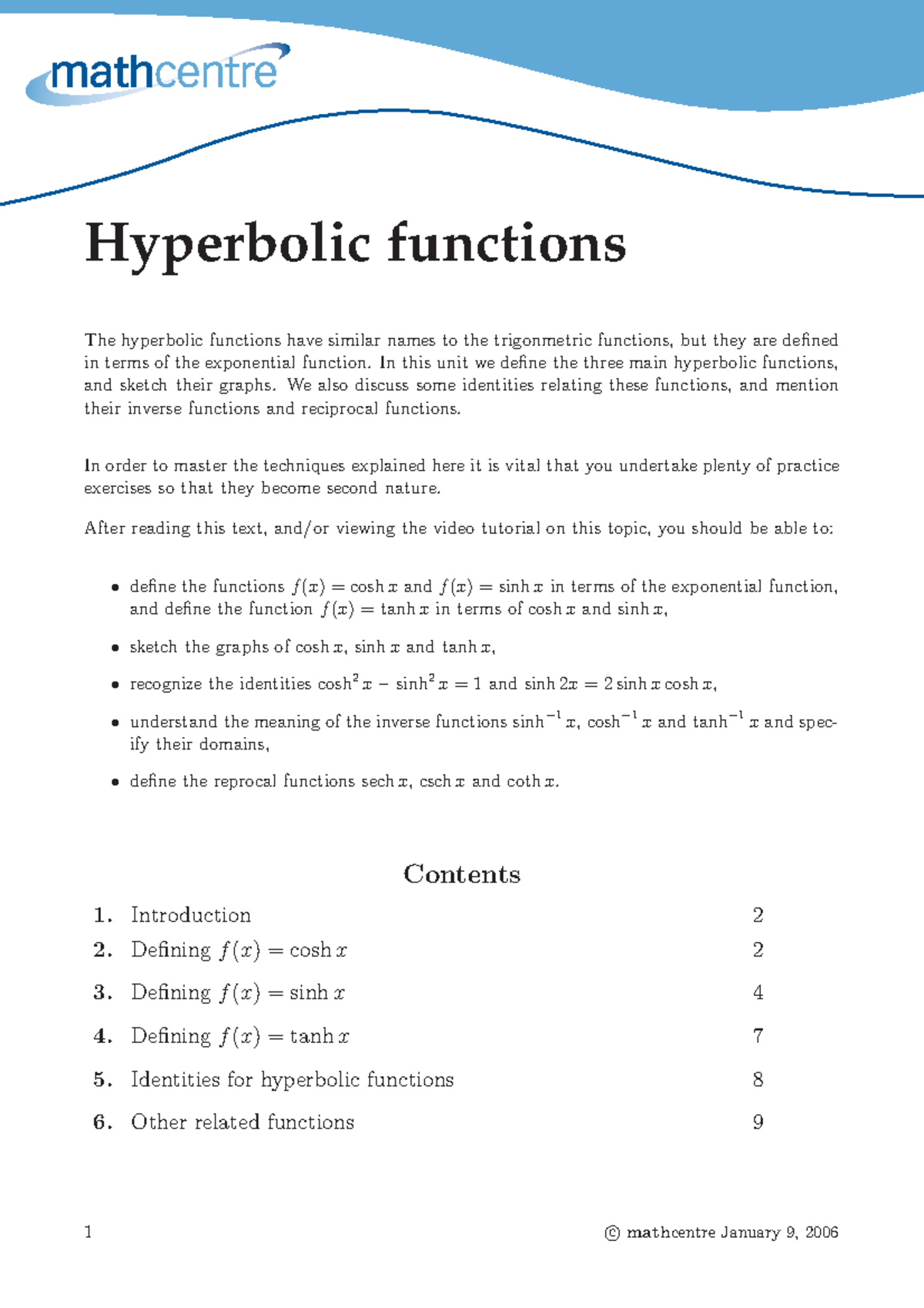 Hyperbolicfunctions - Maths - Hyperbolic functions The hyperbolic ...