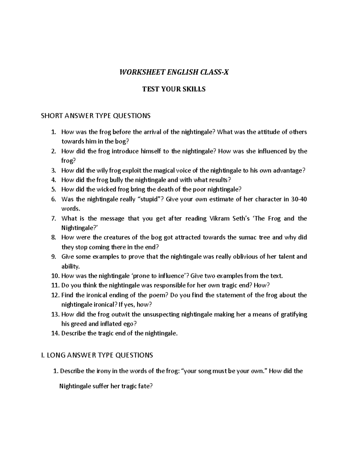 Grade 10 Mock Test: English Skills Assessment Worksheet - Studocu