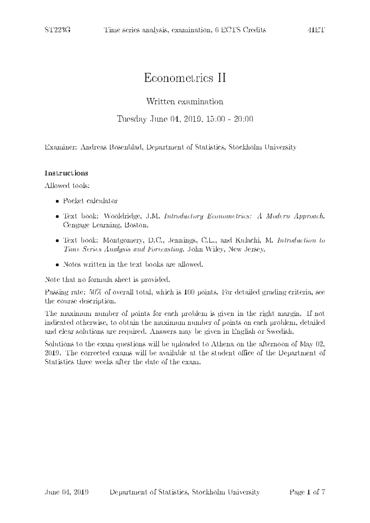 Econometrics II Final Exam 2019-06-04 with Solutions - Studocu