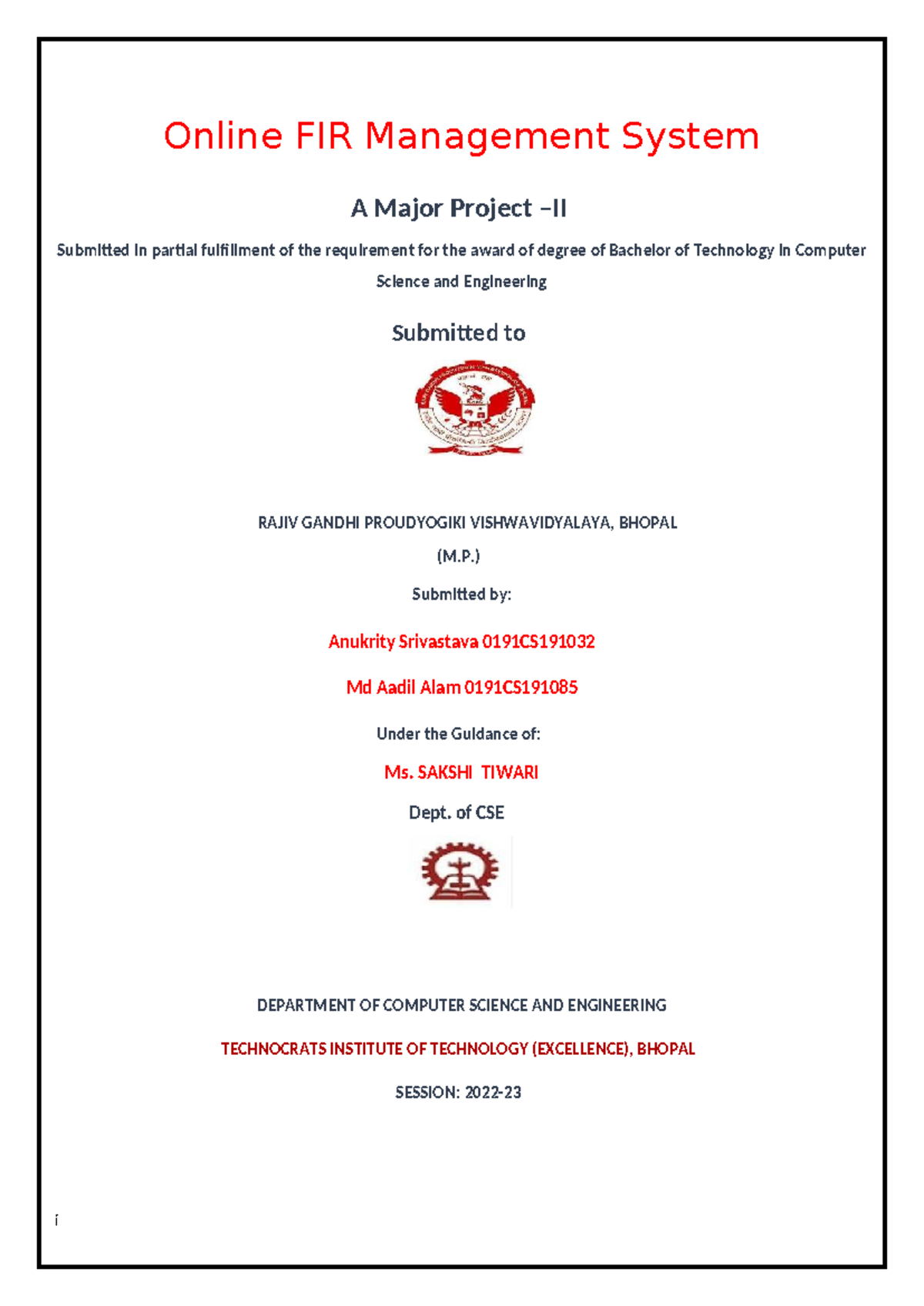 Online FIR Management System Project Report for B.Tech in CSE - Studocu