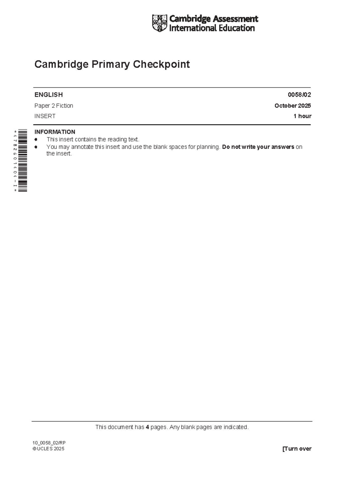 Cambridge Primary Checkpoint ENGLISH Paper 2 Fiction Insert - Oct 2025 ...