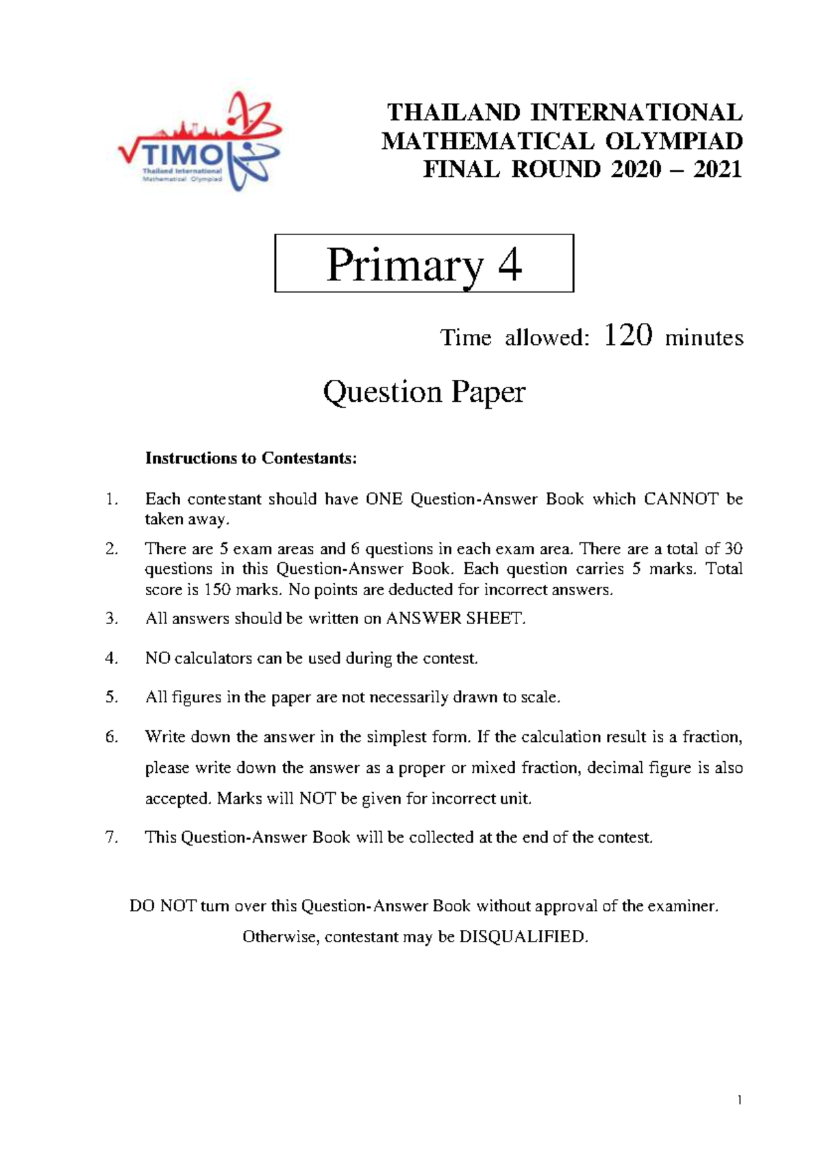 TIMO Final Exam 2020-2021 - Math Olympiad for Primary 4 - Studocu