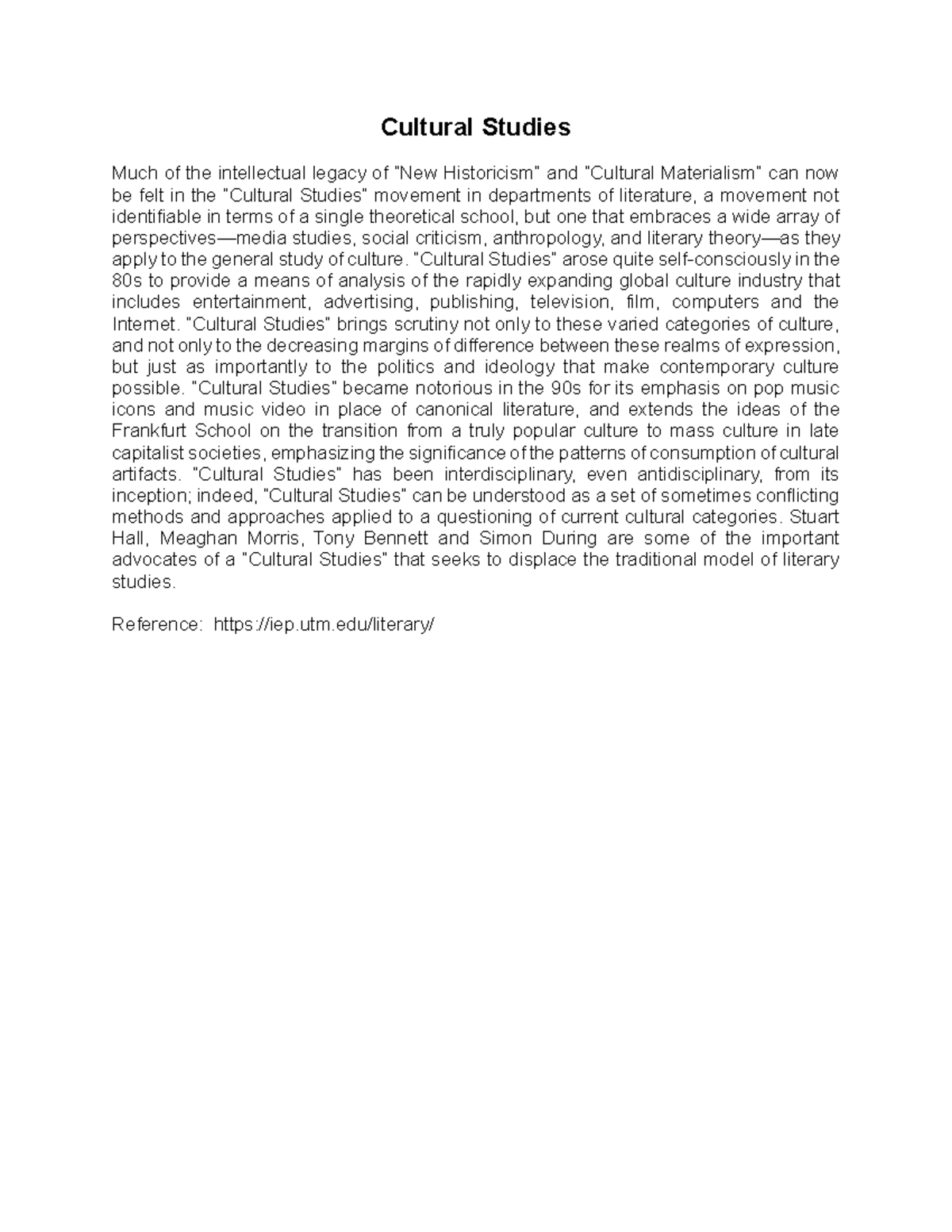 Cultural Studies Overview: Key Concepts and Historical Context - Studocu