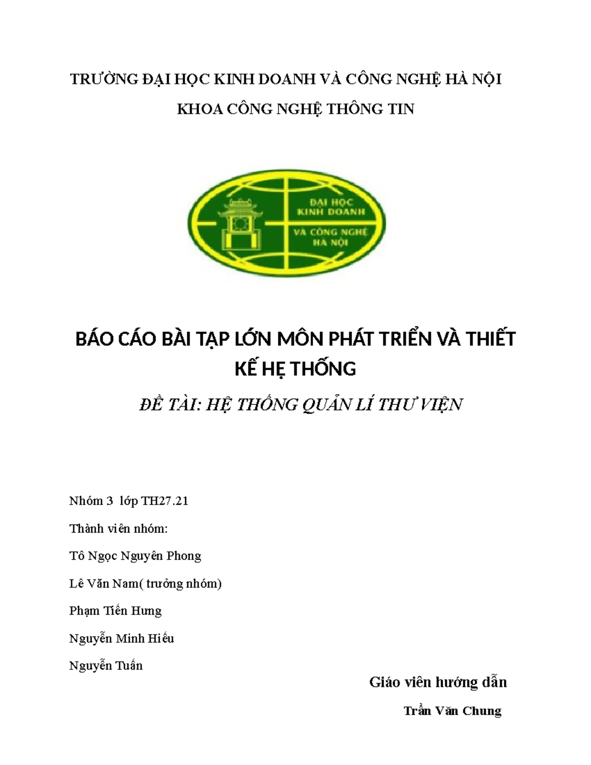 Báo Cáo Bài Tập Lớn Môn PT&TDHT Hệ Thống Quản Lý Thư Viện TH27.21 - Studocu