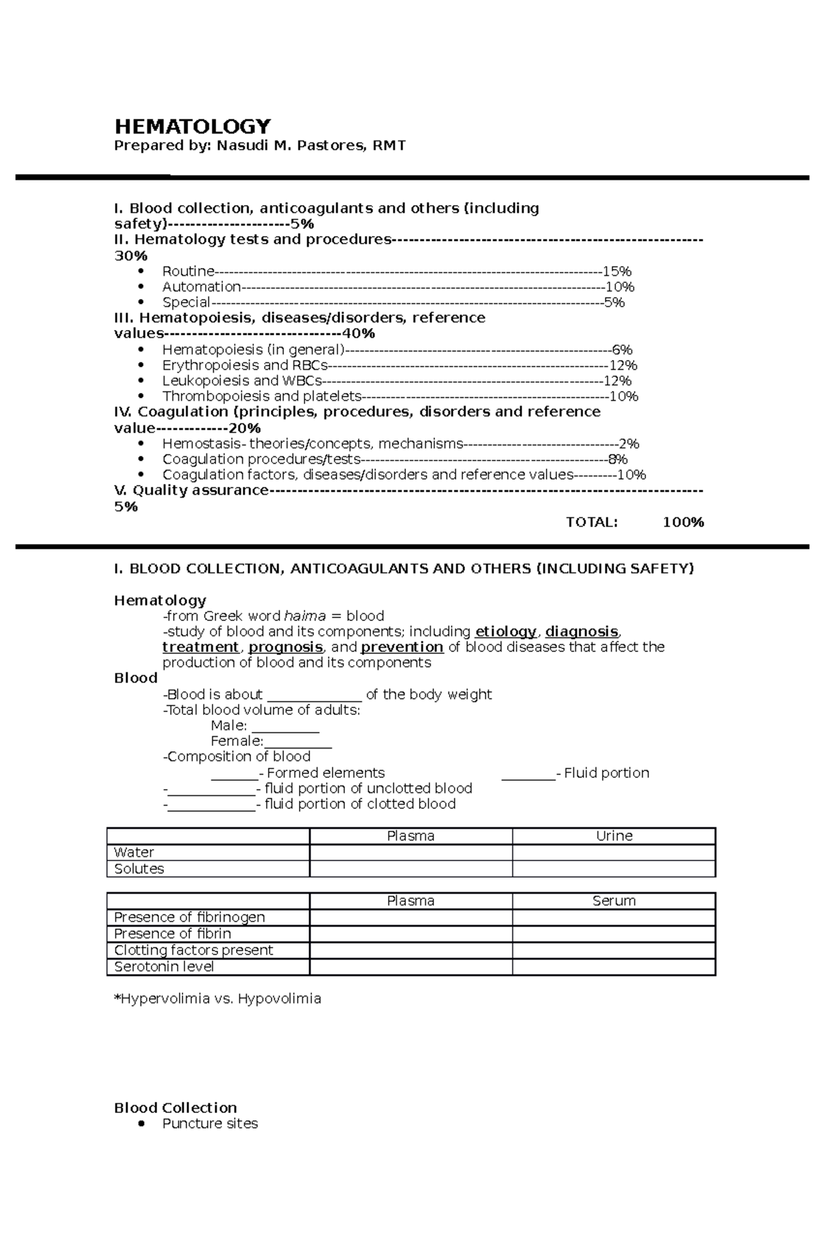 Hematology Study Notes: Blood Collection, Tests, and Procedures - Studocu