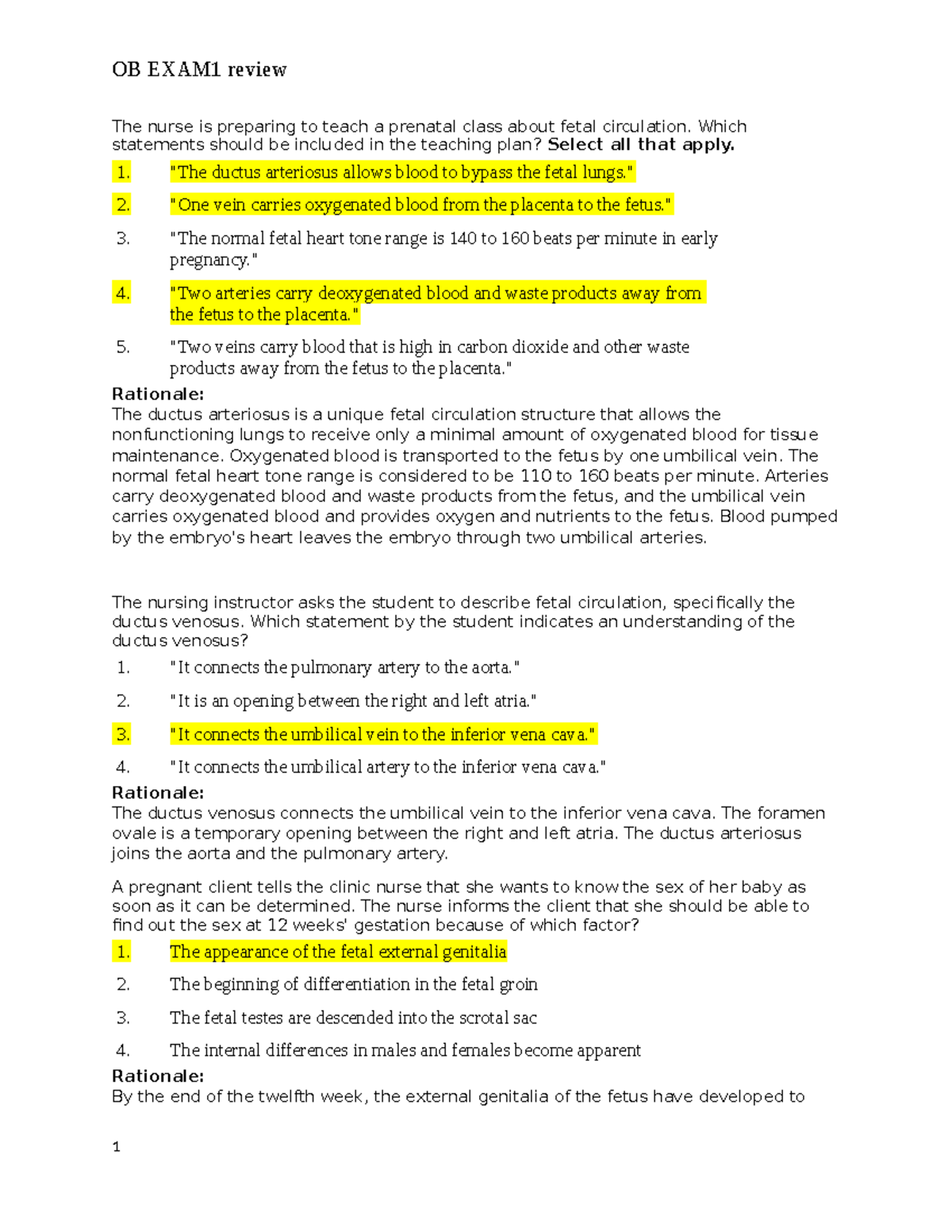 OB 101 Midterm Exam 1 Review: Fetal Circulation & Prenatal Care - Studocu