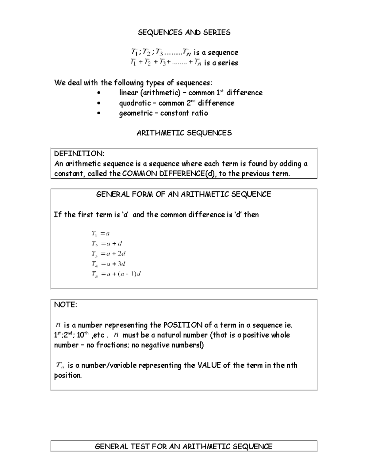 Arithmetic Sequences and Series Notes (Course Code: 2018) - Studocu